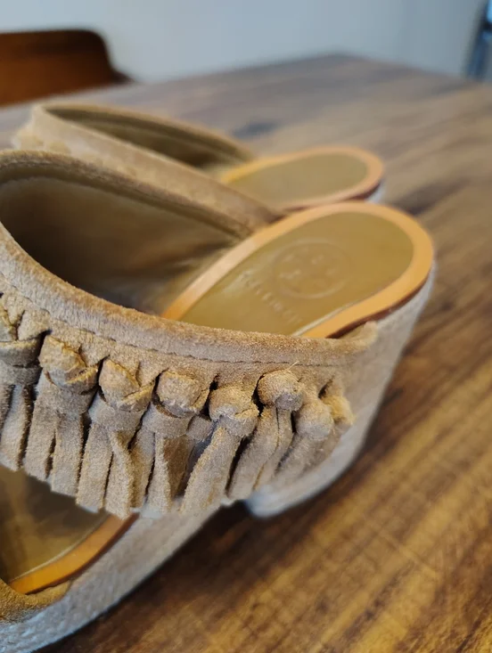 Tory Burch Fria Knotted-Fringe Espadrille Slide Suede Platform Sandals Size 6 - Picture 2 of 6